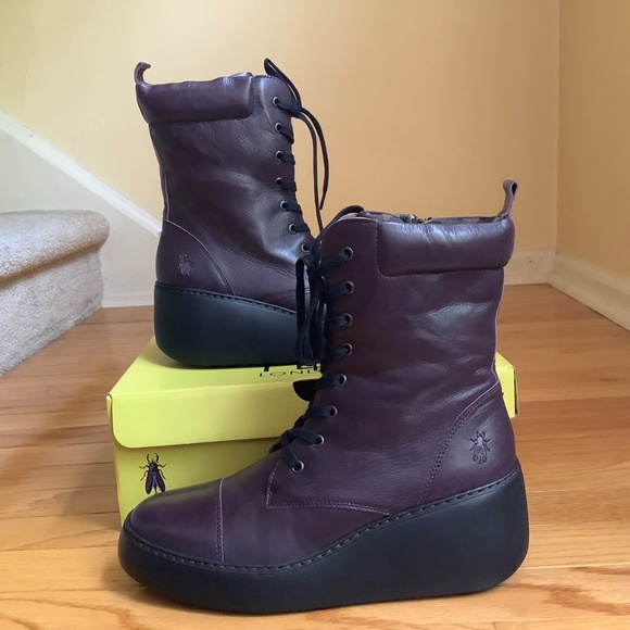 Fly London Daff Leather Wedge Combat Boot Dark Purple Sofia SZ 41/US 10 - Picture 3 of 16